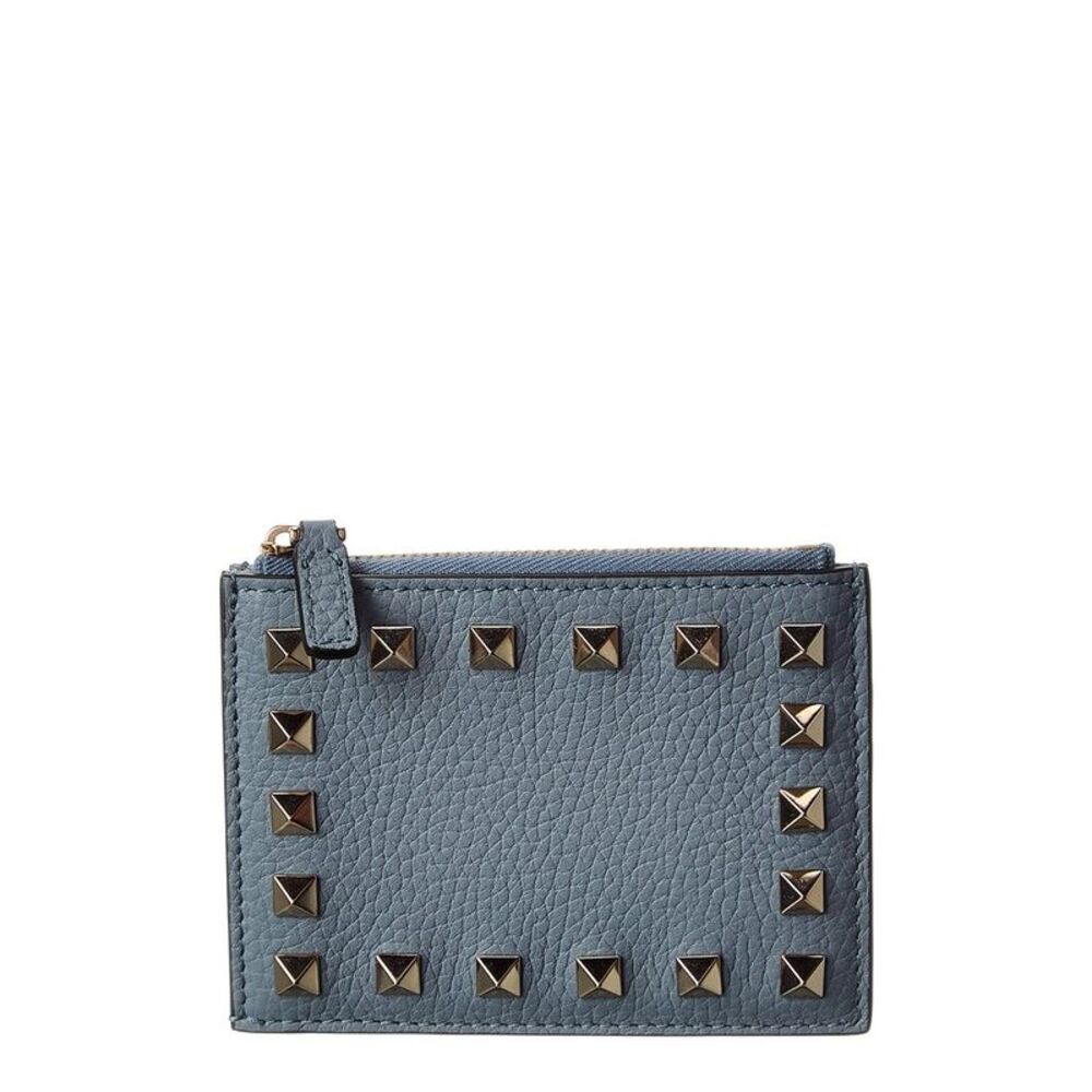 Valentino Rockstud Grainy Leather Card Case, Grey